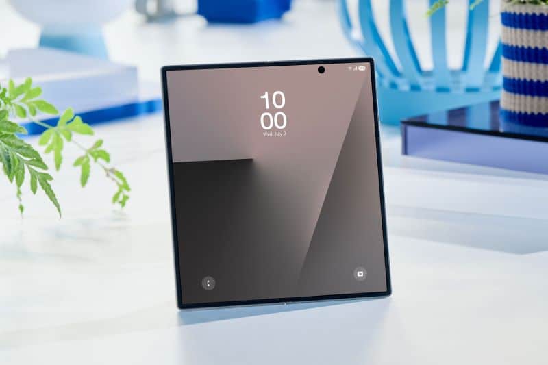 Tablet dobrável moderno em mesa de escritório.