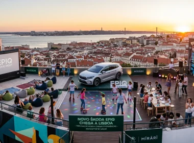 Evento Skoda Epiq num rooftop em Lisboa ao pôr-do-sol.