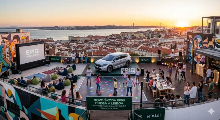 Evento Skoda Epiq num rooftop em Lisboa ao pôr-do-sol.