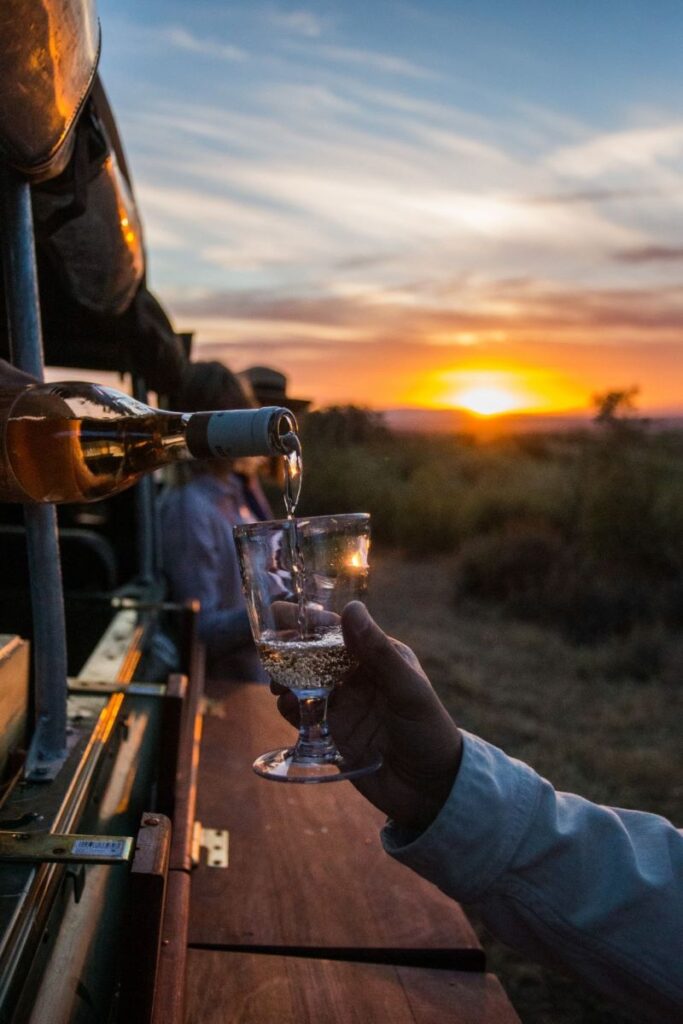 Vinho servido ao pôr do sol na savana.