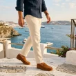Homem caminha em terraço mediterrâneo com vista para o mar.