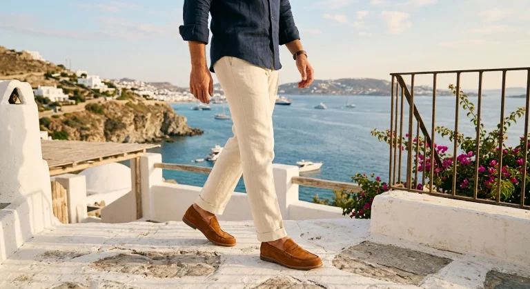 Homem caminha em terraço mediterrâneo com vista para o mar.
