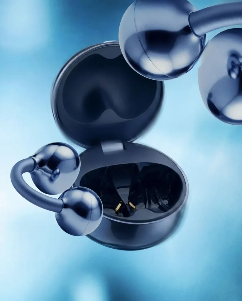 Auriculares azuis metalizados com estojo de carregamento aberto.