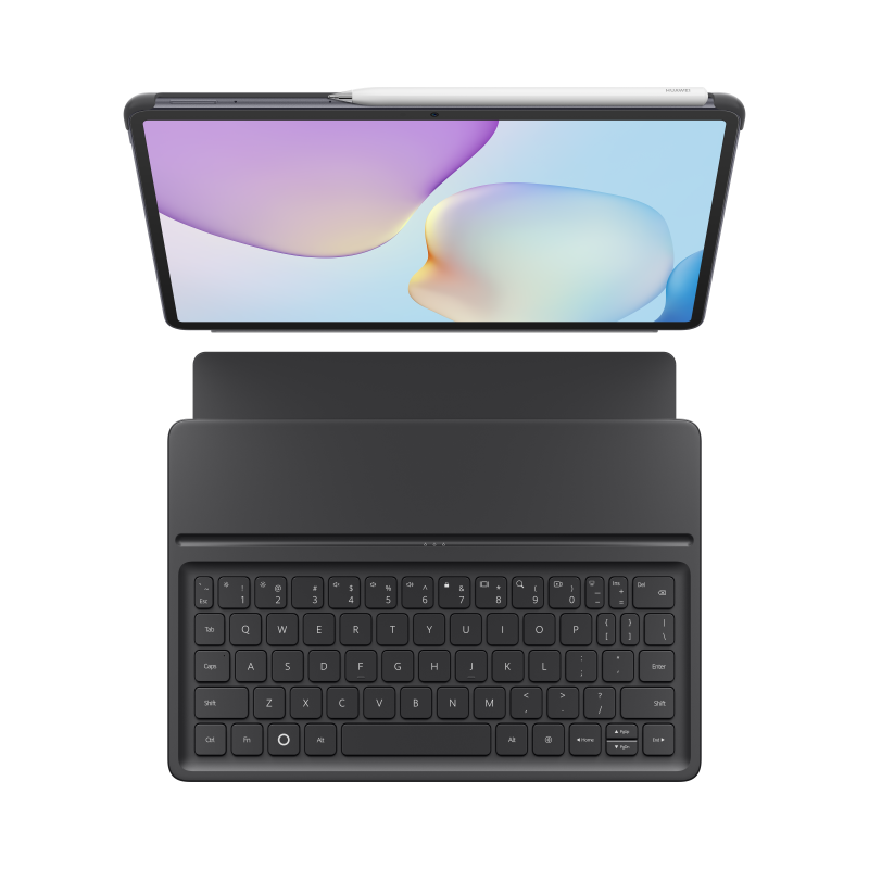 Tablet com teclado e caneta stylus em exibição.