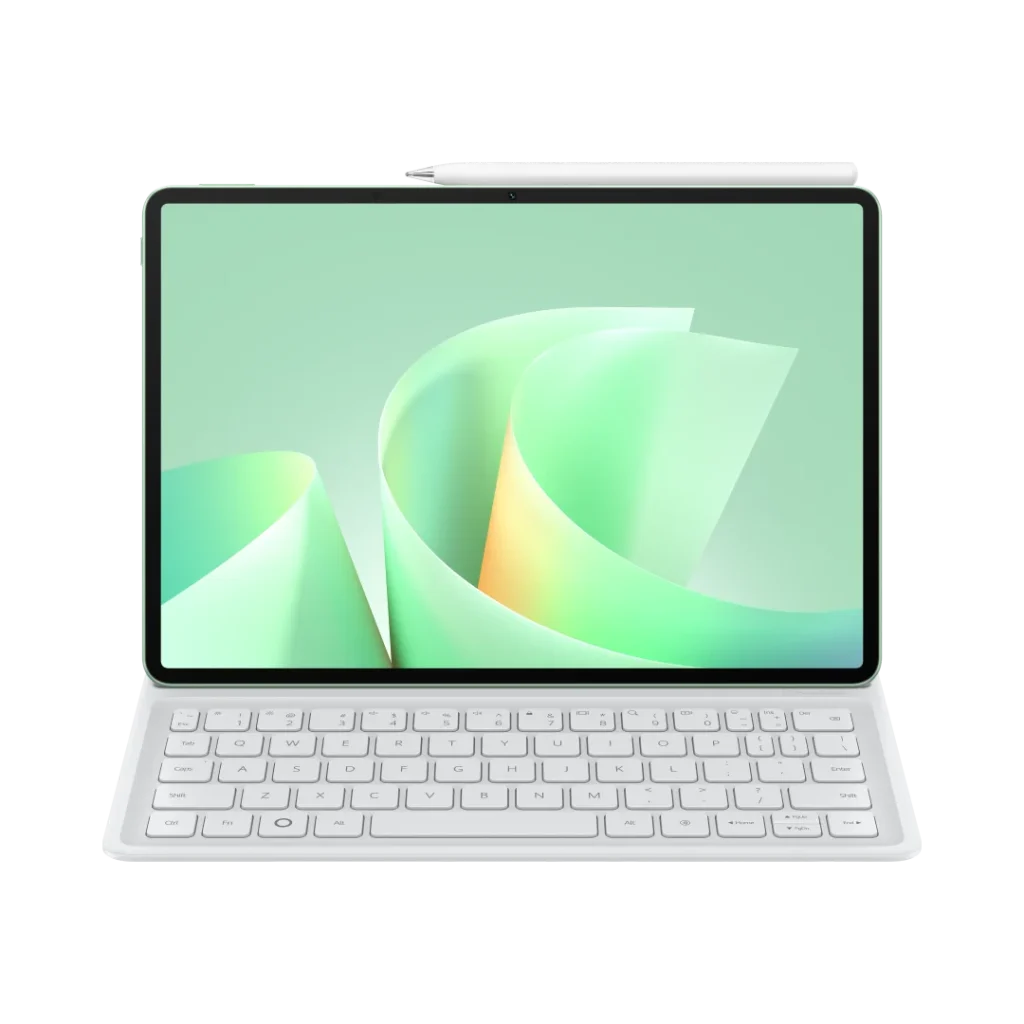 Tablet verde com teclado branco e caneta digital.