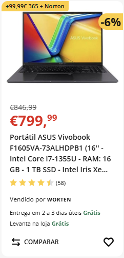 Portátil ASUS Vivobook em promoção com desconto.