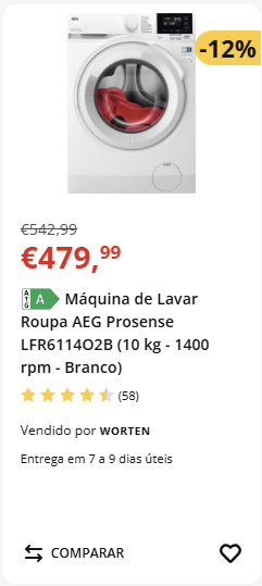 Máquina de lavar roupa AEG em promoção, Worten.