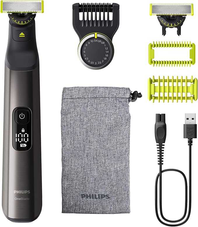 Máquina de barbear Philips OneBlade com acessórios.