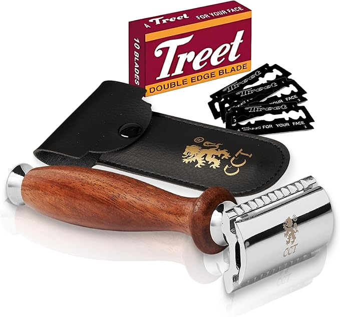 Lâmina de barbear dupla com cabo de madeira e estojo.