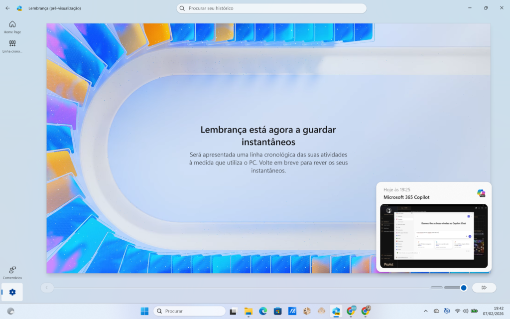 Captura de ecrã do Windows com Lembrança e Copilot.