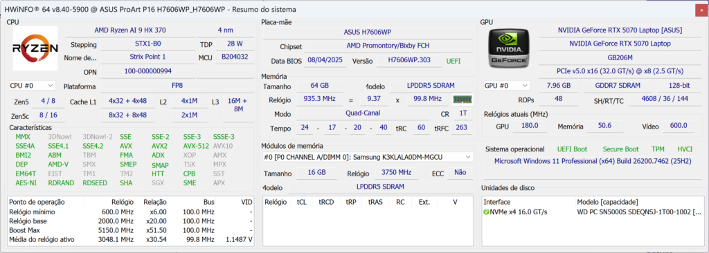 Informação do sistema: CPU Ryzen, GPU RTX 5070.