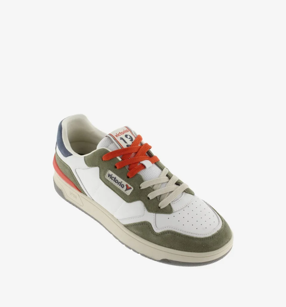 Sapatilha Victoria retro, branca, verde-azeitona, atacadores laranja.