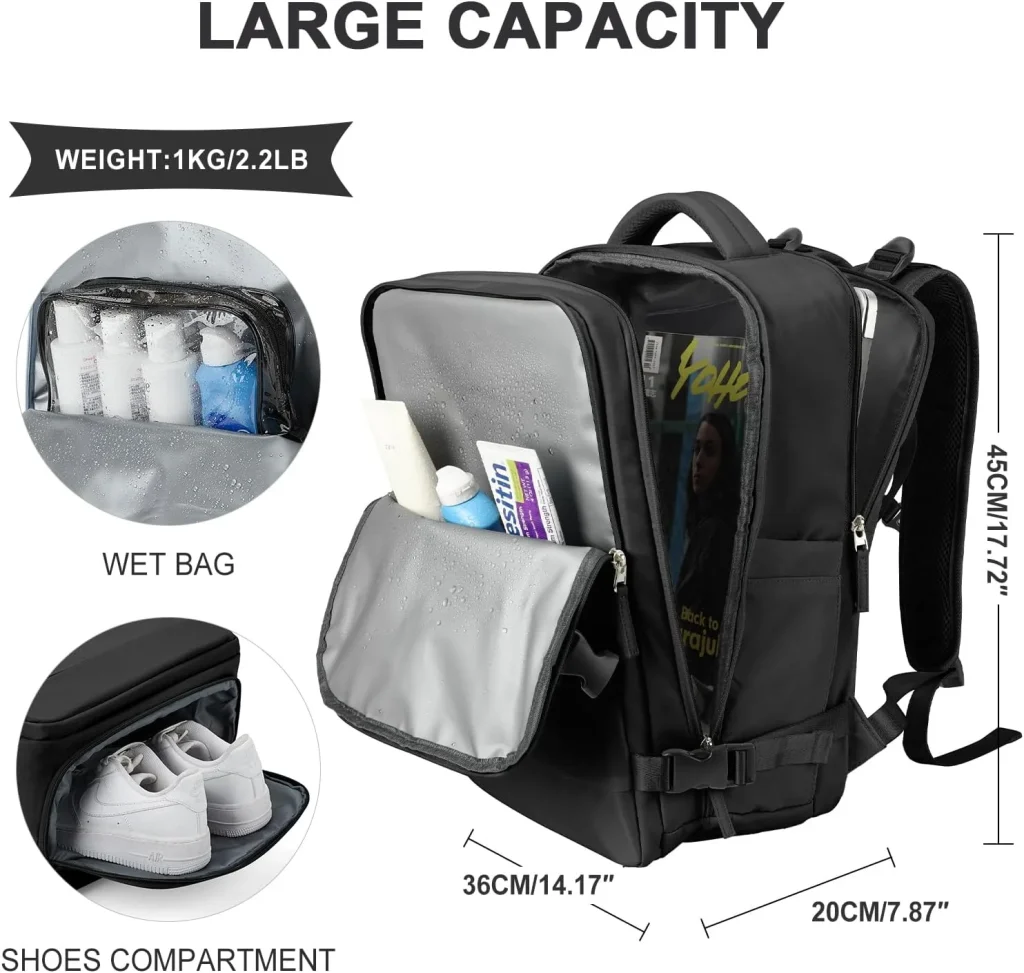 Mochila de viagem preta com vários compartimentos e dimensões detalhadas.