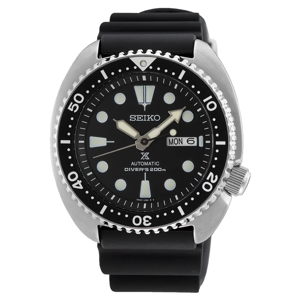 Relógio de mergulho Seiko Prospex com bracelete de borracha preta.