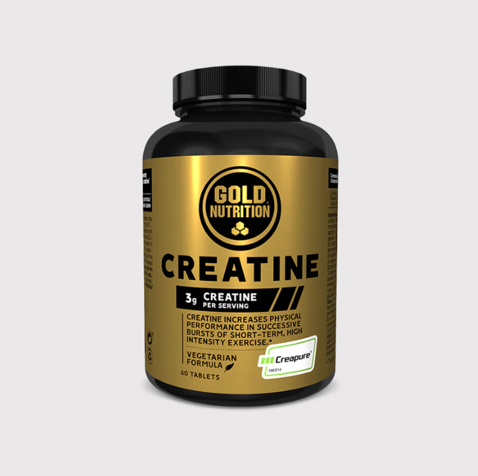 Suplemento de Creatina Gold Nutrition Creapure em frasco dourado.