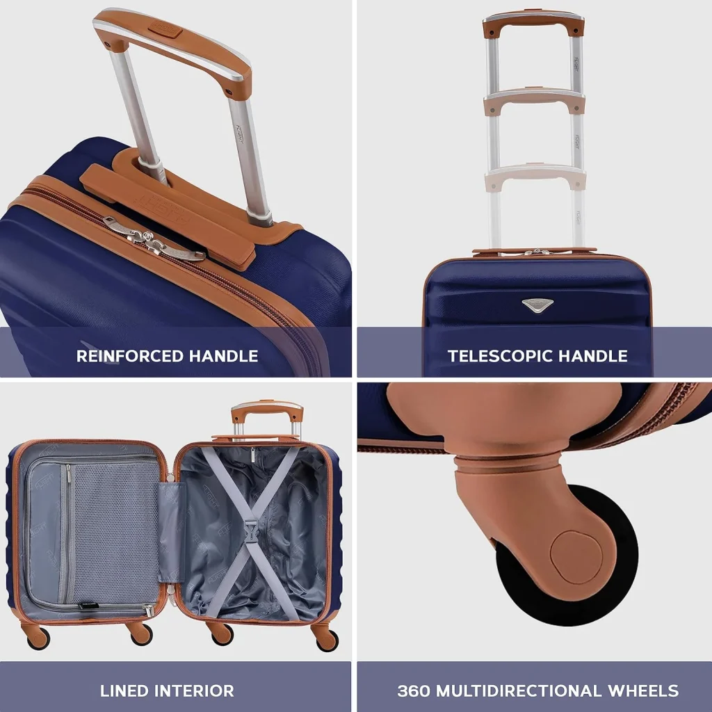 Detalhes de mala de viagem azul com acabamentos castanhos.