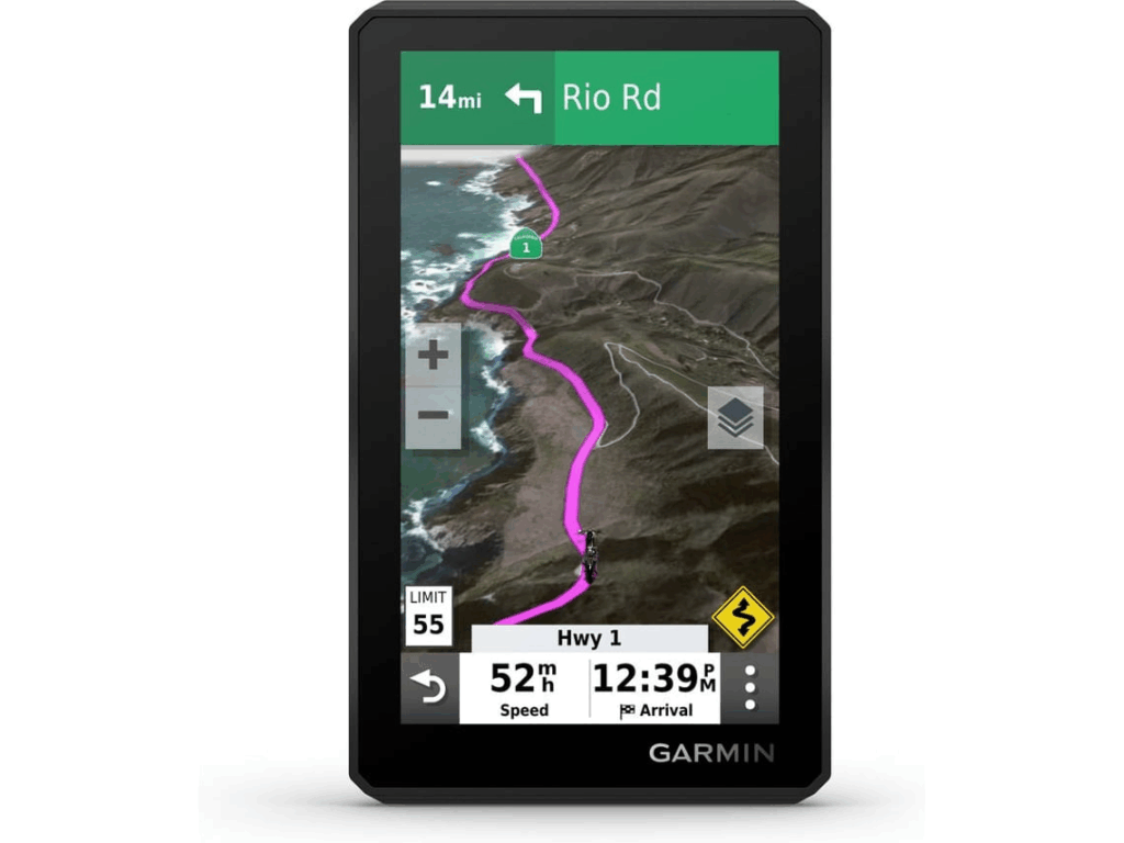 Navegador GPS Garmin com mapa e instruções de rota.