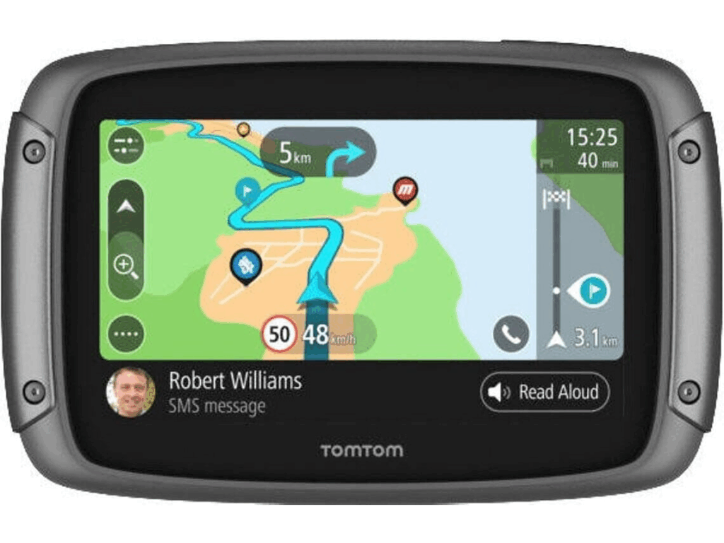 Ecrã de navegação GPS com mapa e direções.