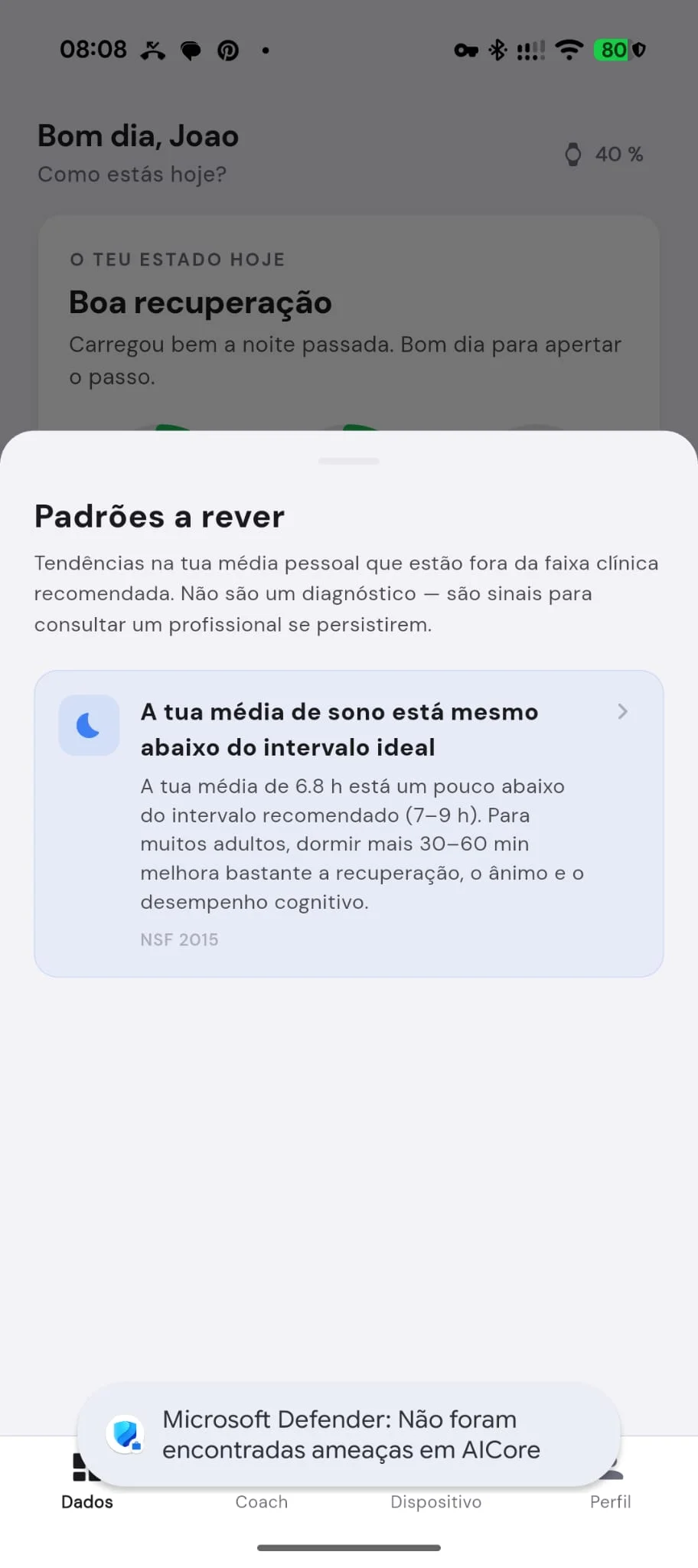 Interface da aplicação da pulseira DuckDik Sense com o estado de boa recuperação e um alerta sobre a média de sono abaixo do ideal