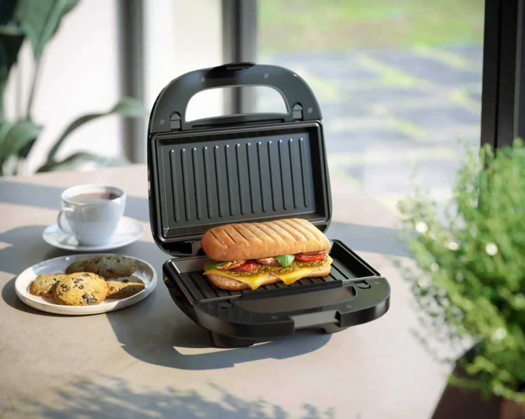 Sanduicheira aberta com panini, café e bolachas numa mesa ensolarada.