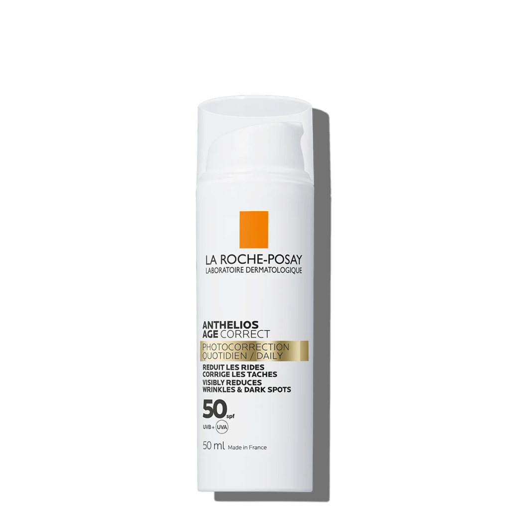 Frasco branco e laranja do creme La Roche-Posay Anthelios Age Correct SPF 50 para hidratação do pescoço
