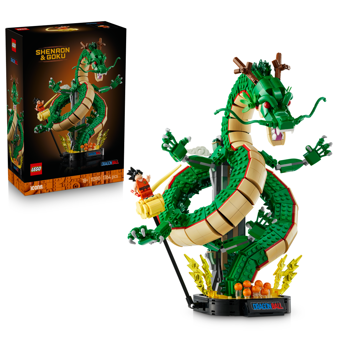 Set LEGO Dragon Ball Shenron montado ao lado da caixa oficial, exibindo o dragão verde sinuoso, as sete bolas de cristal na base e a minifigura do Songoku na Nuvem Mágica.