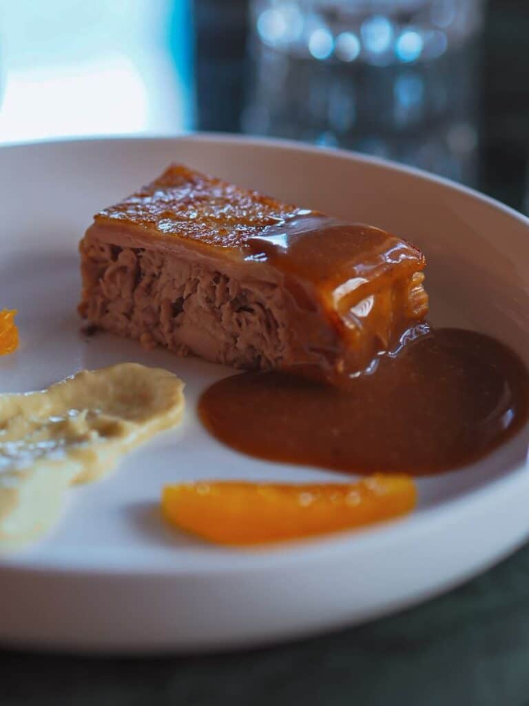 Prato de carne suína com molho e purê.