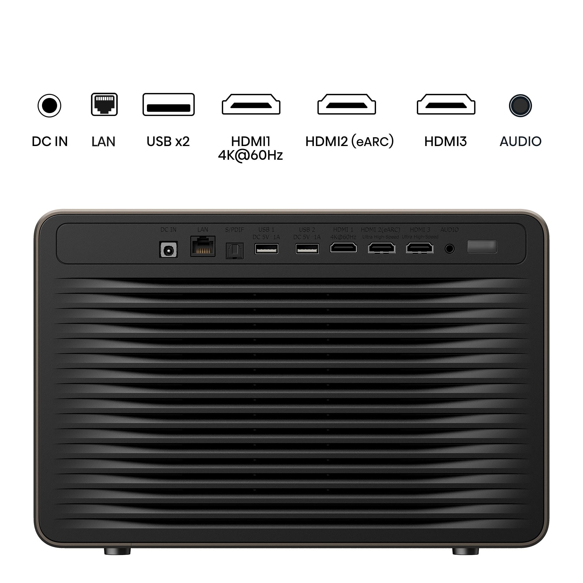 Painel traseiro do projetor laser Hisense XR10 com esquema ilustrativo das portas de ligação incluindo HDMI, USB, LAN e áudio.