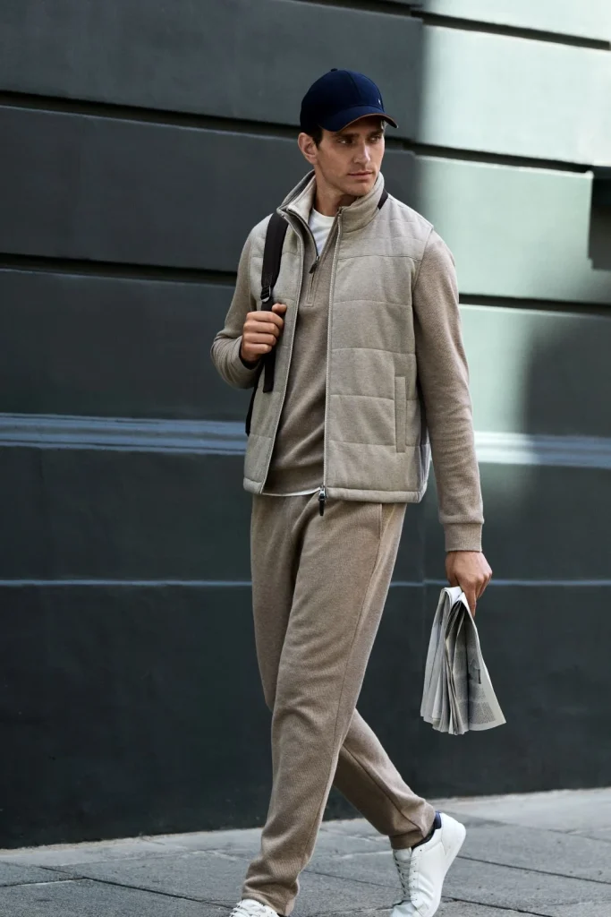 Homem a caminhar na rua com look monocromático bege da coleção Hackett London outono inverno, composto por colete acolchoado, camisola de meio fecho, calças, ténis brancos e boné azul, segurando um jornal.