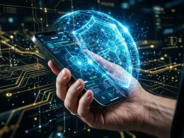 mão a segurar um smartphone com um escudo holográfico azul, simbolizando a