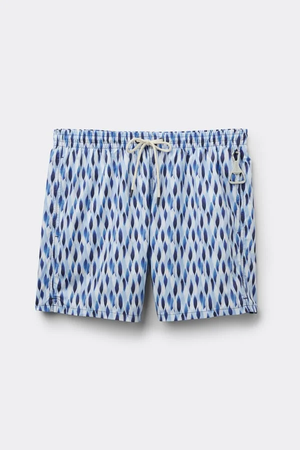 Calções de banho masculinos com padrão geométrico azul e branco.