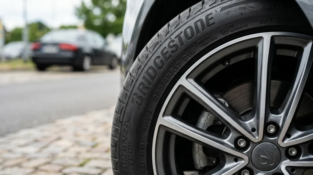 Close-up of Bridgestone tire on a car with alloy wheel