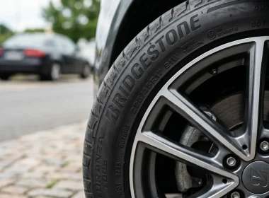 Close-up of Bridgestone tire on a car with alloy wheel
