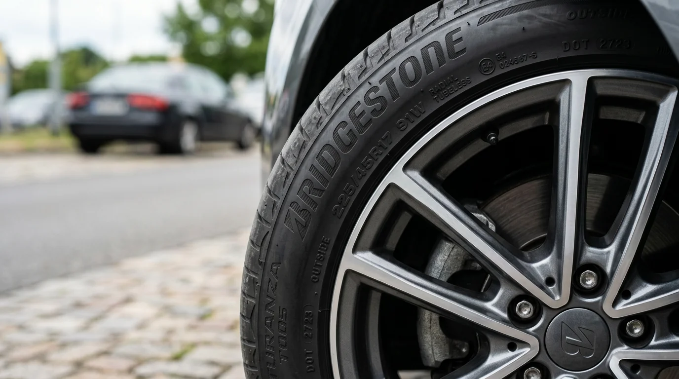 Close-up of Bridgestone tire on a car with alloy wheel