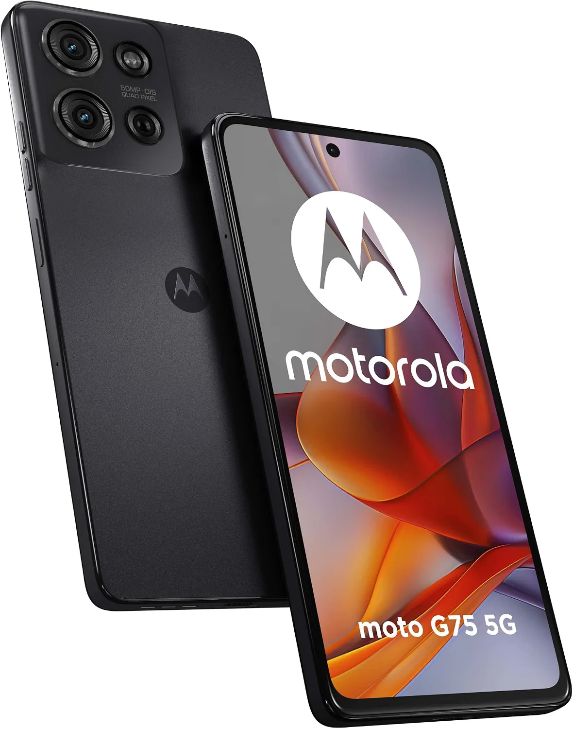 Telemóvel Motorola Moto G75 5G preto exibindo a parte frontal com o ecrã ligado e a parte traseira com o módulo de câmaras de 50MP.
