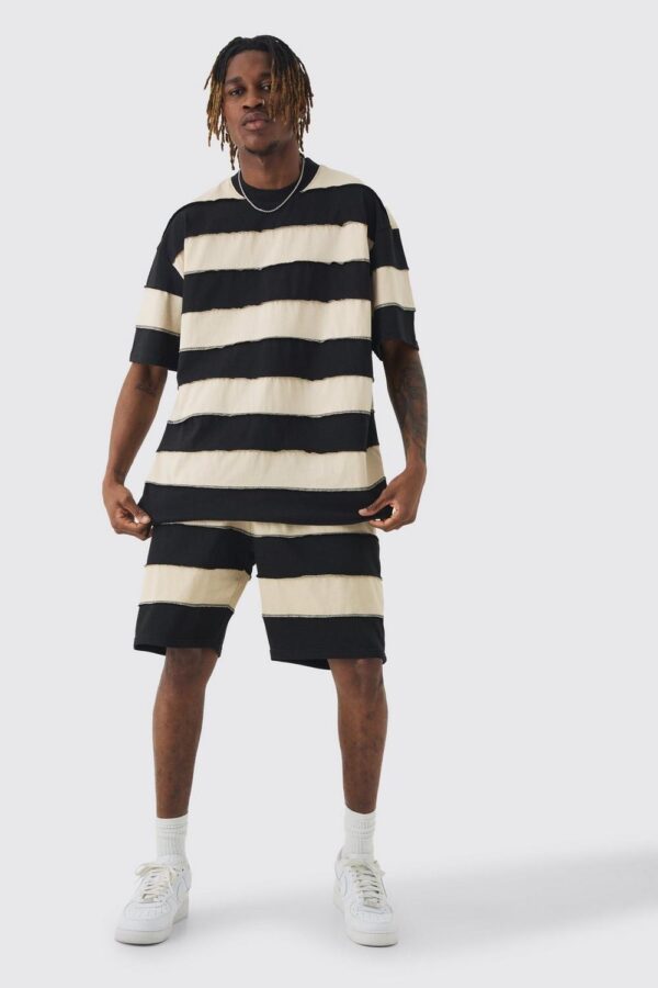 Tall Oversized Stripe Raw Seam T-shirt & Short Set