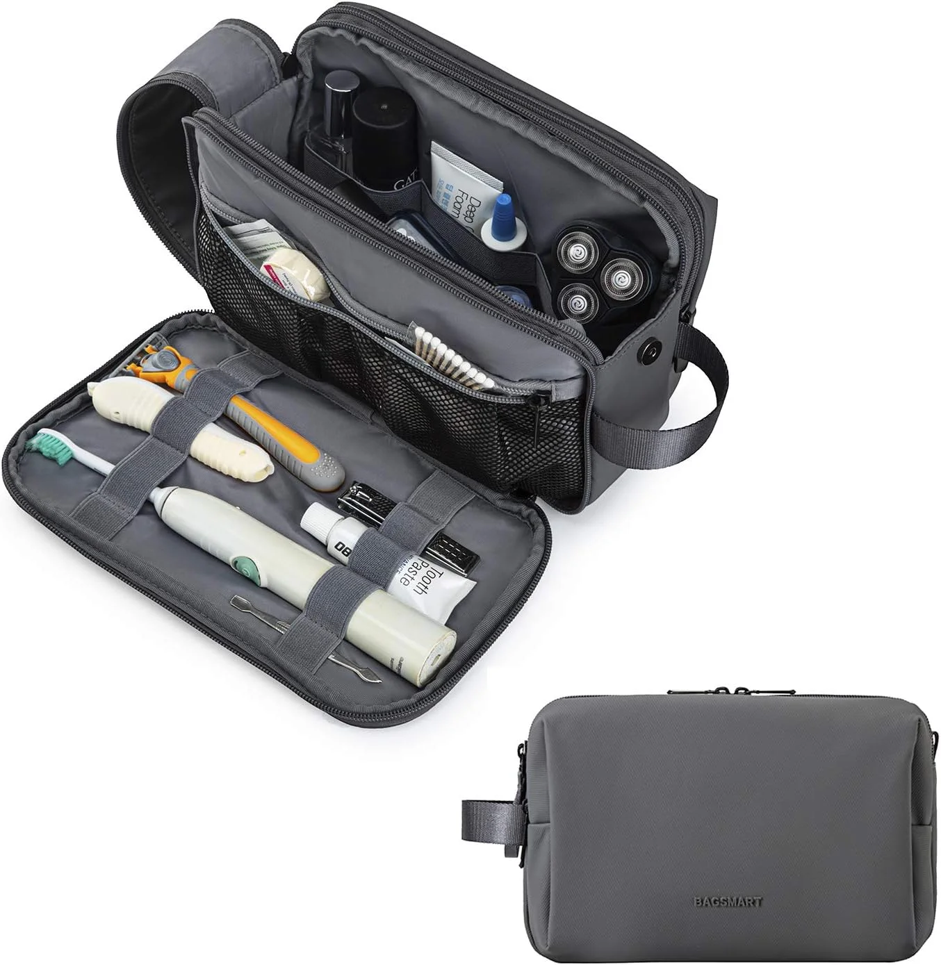Necessaire de viagem cinzento aberto com compartimentos organizadores contendo produtos de higiene e vista exterior fechada.