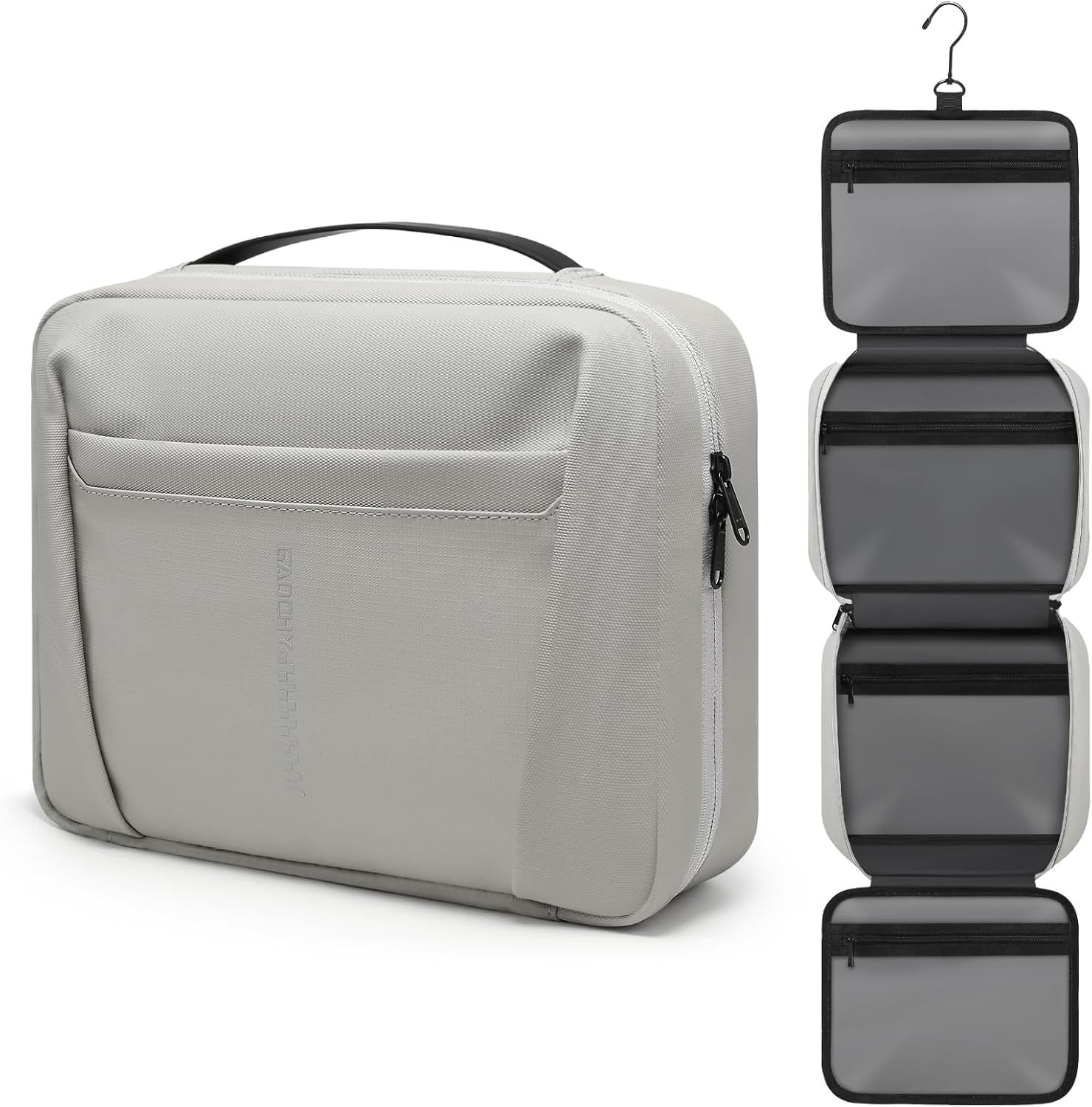 Necessaire de viagem cinzento da marca Gaochy apresentado fechado e aberto suspenso com quatro compartimentos transparentes.
