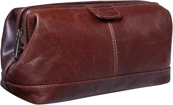 Necessaire de viagem em pele castanha estilo vintage com fecho lateral e costuras detalhadas