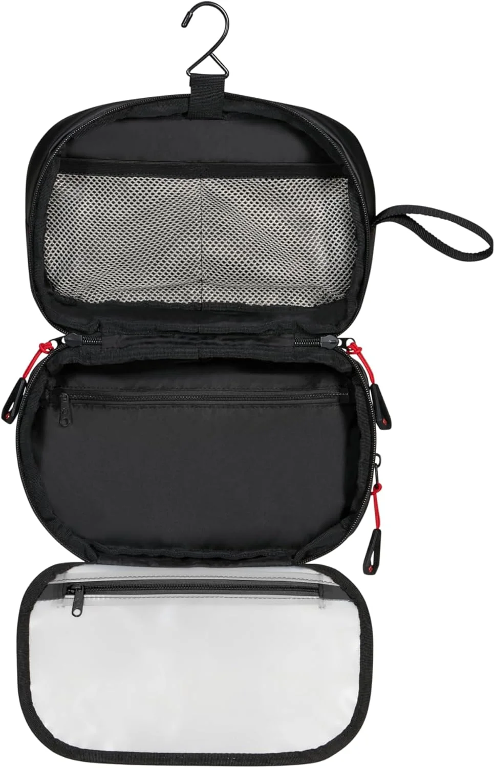 Necessaire de viagem preto aberto e pendurado por um gancho revelando três compartimentos internos com fechos