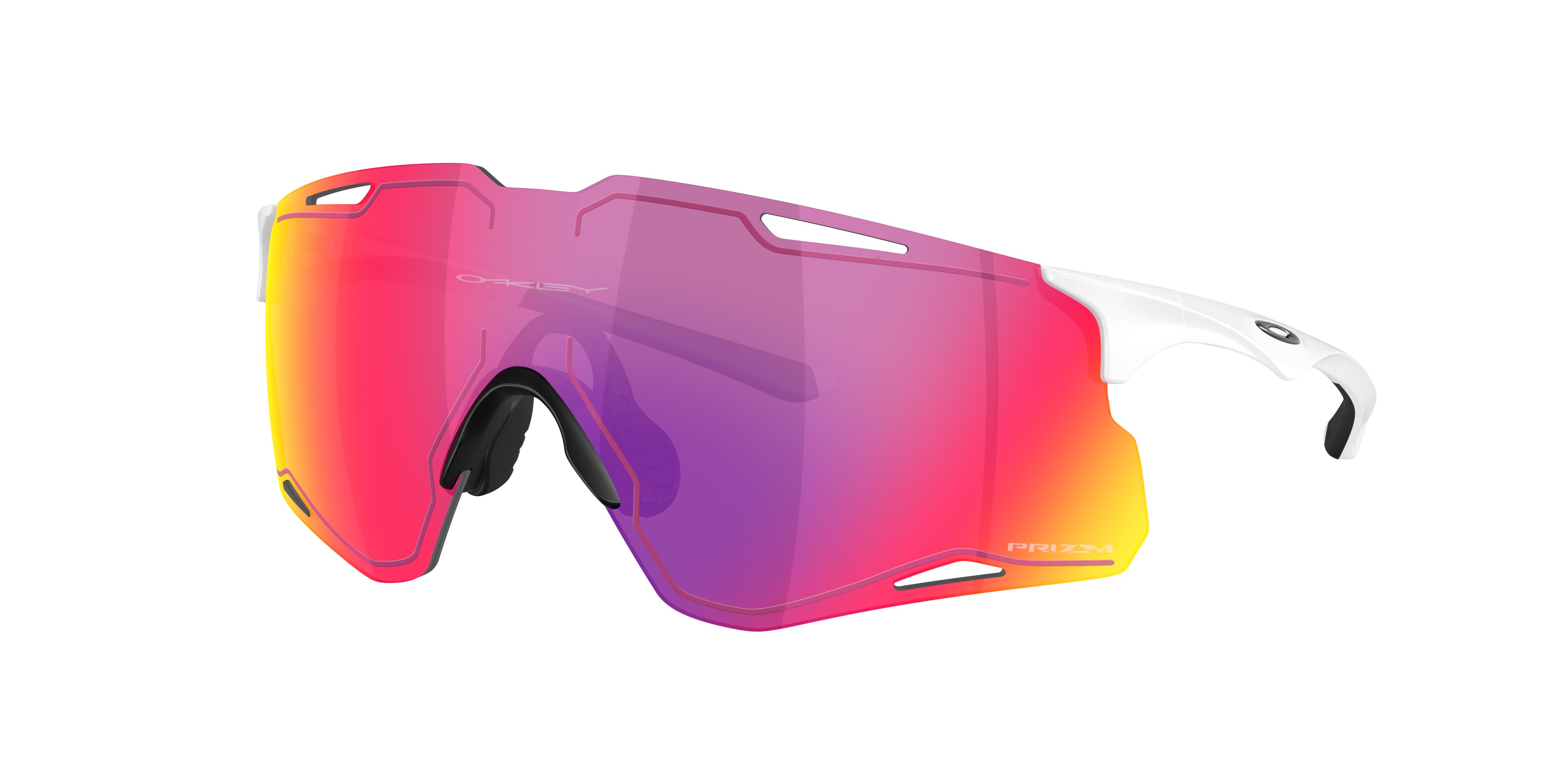 Novos óculos oakley 2026 para corrida com armação branca e lente única espelhada rosa e amarela.