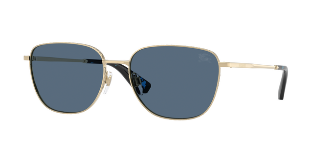Óculos de sol Burberry BE3171 com armação metálica dourada fina e lentes azuis escuras.