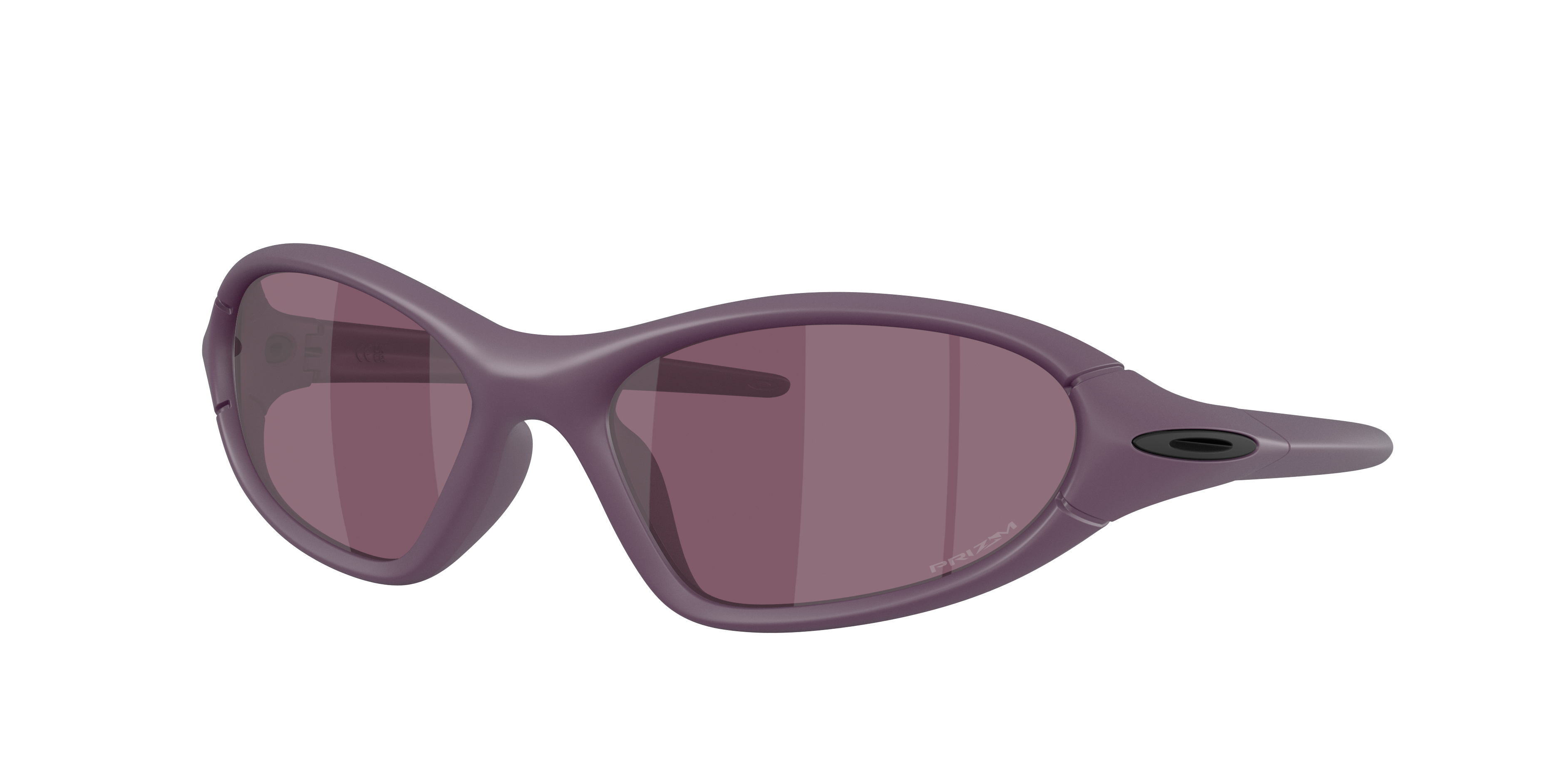 Óculos Oakley 2026 com armação roxa aerodinâmica, lentes desportivas e logótipo lateral preto.