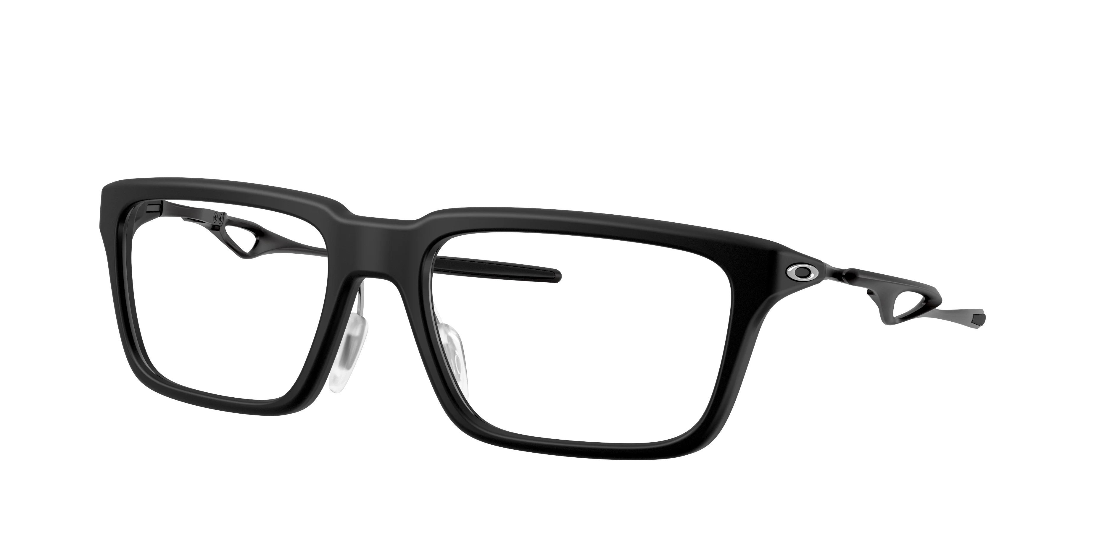 Armação preta dos novos óculos Oakley 2026 com lentes transparentes e aberturas laterais nas hastes