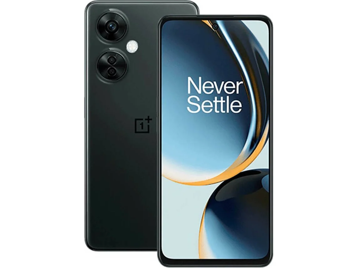 Smartphone OnePlus Nord CE 3 Lite preto visto de frente e de trás com o ecrã a mostrar o logótipo Never Settle, sendo um telemóvel por menos de 300 euros.