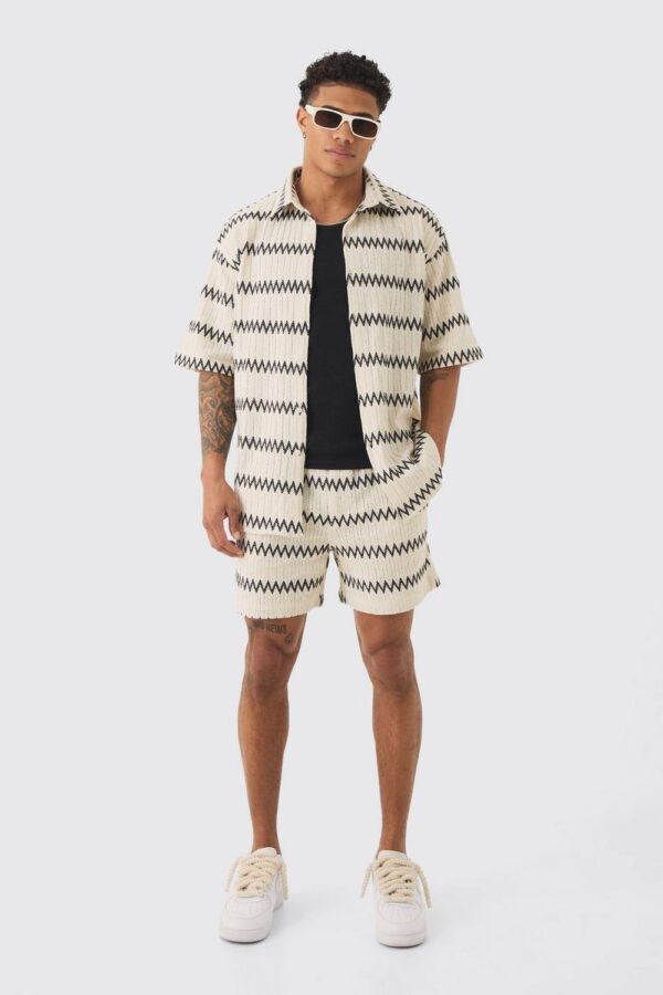 Oversized Zig Zag Woven Shirt And Short Set In Ecru