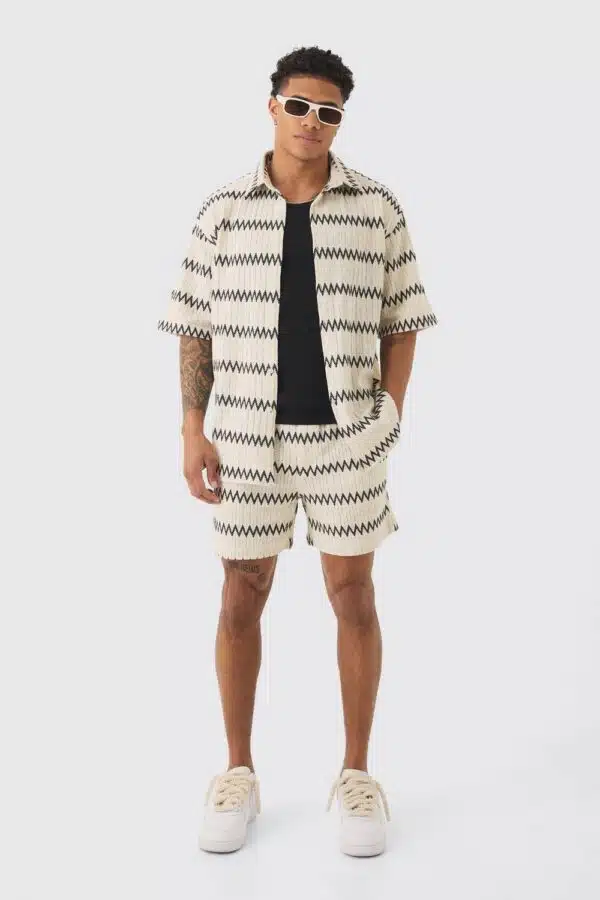 Oversized Zig Zag Woven Shirt And Short Set In Ecru