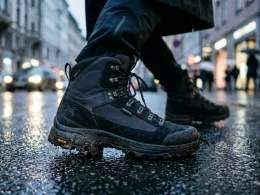 Botas de caminhada pretas num pavimento urbano molhado.