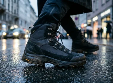 Botas de caminhada pretas num pavimento urbano molhado.