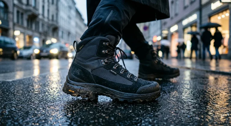 Botas de caminhada pretas num pavimento urbano molhado.